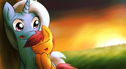 Size: 1960x1080 | Tagged: safe, artist:dshou, scootaloo, trixie, pegasus, pony, unicorn, g4, duo, duo female, eyes closed, female, filly, friendshipping, grass, mare, open mouth, scootalove, sleeping, snuggling, sunset