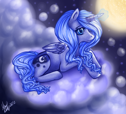 Size: 1000x900 | Tagged: safe, artist:dahlingmissliv, princess luna, pony, g4, cloud, cloudy, female, prone, solo