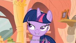 Size: 1344x756 | Tagged: safe, edit, edited screencap, screencap, twilight sparkle, g4, winter wrap up, caption, lidded eyes, religion, youtube caption