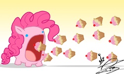 Size: 1024x618 | Tagged: safe, artist:chiibe, pinkie pie, g4, cupcake, dot eyes, female, food, kirby (series), kirby pie, solo, vacuum mouth, volumetric mouth