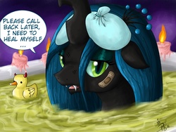 Size: 1000x750 | Tagged: safe, artist:chiibe, queen chrysalis, changeling, changeling queen, ask the changeling queen, g4, bandaid, bath, candle, devil horns, dialogue, female, ice pack, rubber duck, solo, speech bubble