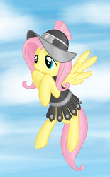 Size: 743x1200 | Tagged: safe, artist:stardustxiii, fluttershy, private pansy, pegasus, pony, g4, armor, clothes, cloud, costume, female, flying, helmet, mare, solo
