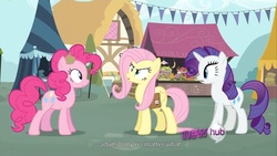 Size: 1344x756 | Tagged: safe, screencap, fluttershy, pinkie pie, rarity, g4, putting your hoof down, hub logo, youtube caption