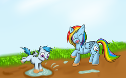 Size: 2500x1545 | Tagged: safe, artist:ac-whiteraven, rainbow dash, oc, oc:tempest, g4, duo, mother and son, mud, offspring, parent:rainbow dash, parent:unnamed oc, parents:canon x oc, puddle, splashing