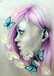 Size: 717x1000 | Tagged: safe, artist:lucyhikarikitsune, fluttershy, butterfly, human, g4, feather, female, humanized, solo