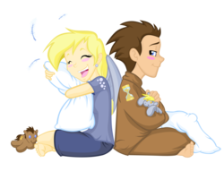Size: 2119x1700 | Tagged: safe, artist:moostargazer, derpy hooves, doctor whooves, time turner, human, g4, barefoot, blushing, clothes, doll, duo, feet, female, humanized, male, pajamas, pillow, simple background, transparent background, winged humanization