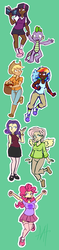 Size: 600x2550 | Tagged: safe, artist:rainthunder7, applejack, fluttershy, pinkie pie, rainbow dash, rarity, spike, twilight sparkle, human, g4, clothes, dark skin, female, humanized, mane seven, mane six, skirt, winged humanization, wings