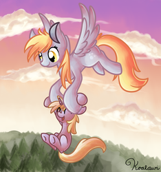 Size: 750x800 | Tagged: safe, artist:littlepinkalpaca, derpy hooves, dinky hooves, pegasus, pony, g4, female, flying, mare, mother and child, mother and daughter