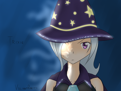 Size: 800x600 | Tagged: safe, artist:valiantrarity, trixie, human, g4, clothes, female, glowing eyes, humanized, solo