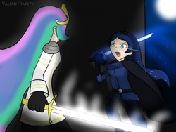 Size: 800x600 | Tagged: safe, artist:valiantrarity, princess celestia, princess luna, human, g4, clothes, duo, female, humanized, sword, weapon