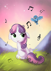 Size: 429x600 | Tagged: safe, artist:aurorie, sweetie belle, bird, pony, unicorn, g4, female, filly, music