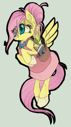 Size: 600x1062 | Tagged: safe, artist:xenon, fluttershy, pony, g4, alternate hairstyle, book, clothes, digitally colored, female, green background, simple background, solo, traditional art