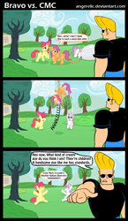 Size: 793x1364 | Tagged: safe, artist:angerelic, apple bloom, scootaloo, sweetie belle, earth pony, human, pegasus, pony, unicorn, g4, bravo vs. ponyville, comic, crossover, cutie mark crusaders, female, filly, foal, fourth wall, johnny bravo, johnny bravo (character), male, this will end in tears and/or death and/or covered in tree sap, tree sap and pine needles