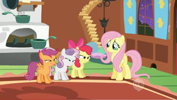 Size: 640x360 | Tagged: safe, screencap, apple bloom, fluttershy, scootaloo, sweetie belle, g4, stare master, bedroom eyes, ei, hub logo, out of context