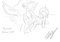 Size: 2150x1518 | Tagged: safe, artist:starykrow, princess celestia, princess luna, princess molestia, g4, imminent rape, monochrome, s1 luna