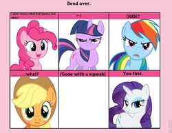 Size: 716x552 | Tagged: safe, applejack, fluttershy, pinkie pie, rainbow dash, rarity, twilight sparkle, g4, 6 pony meme, bend over, exploitable meme, mane six, meme