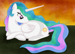 Size: 742x537 | Tagged: safe, artist:dalilastar, princess celestia, alicorn, pony, g4, crossed hooves, female, mare, preglestia, pregnant, prone, solo