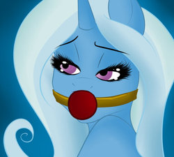 Size: 500x450 | Tagged: safe, artist:korodious, trixie, pony, unicorn, g4, ballgag, bust, female, gag, mare, solo