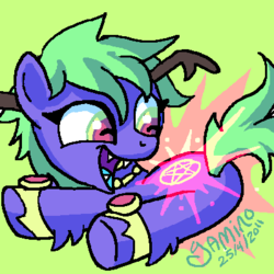 Size: 400x400 | Tagged: safe, artist:yamino, oc, oc only, oc:midnight devilwitch blingbling, demon, demon pony, cutie mark, female, filly, happy, solo