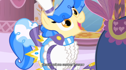 Size: 640x355 | Tagged: safe, screencap, sapphire shores, earth pony, pony, a dog and pony show, g4, carousel boutique, clothes, faic, mirror, solo, youtube caption