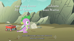 Size: 640x355 | Tagged: safe, screencap, spike, dragon, a dog and pony show, g4, cart, solo, youtube caption