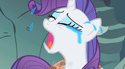 Size: 640x355 | Tagged: safe, edit, edited screencap, screencap, rarity, pony, unicorn, a dog and pony show, g4, caption, crying, female, mare, solo, text, youtube caption