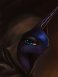 Size: 800x1067 | Tagged: safe, artist:grissaecrim, princess luna, alicorn, pony, g4, bust, cloak, clothes, cowl, female, hood, looking at you, portrait, profile, solo