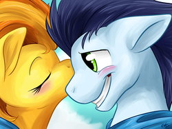 Size: 1024x768 | Tagged: safe, artist:fizzy-dog, soarin', spitfire, g4, blushing, cute, female, kissing, male, ship:soarinfire, shipping, straight