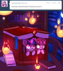 Size: 746x842 | Tagged: safe, artist:haute-claire, ruby pinch, twilight sparkle, ask ruby pinch, g4, ask, book, book fort, filly, fire, younger