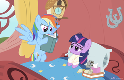 Size: 1500x975 | Tagged: safe, artist:dm29, rainbow dash, smarty pants, twilight sparkle, pegasus, pony, unicorn, g4, backwards thermometer, clothes, duo, female, mare, pajamas, reading, sick, thermometer, tissue box, unicorn twilight