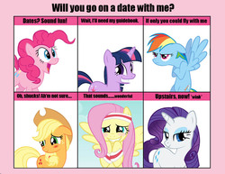 Size: 801x617 | Tagged: safe, applejack, fluttershy, pinkie pie, rainbow dash, rarity, twilight sparkle, g4, 6 pony meme, date, exploitable meme, mane six, meme