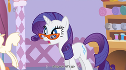 Size: 849x467 | Tagged: safe, screencap, rarity, g4, suited for success, carousel boutique, glasses, rarity's glasses, solo, youtube caption