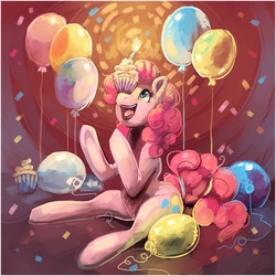 Size: 660x660 | Tagged: safe, artist:caramelbrulee, pinkie pie, earth pony, pony, g4, balloon, confetti, cupcake, female, solo