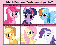 Size: 716x552 | Tagged: safe, applejack, fluttershy, pinkie pie, rainbow dash, rarity, twilight sparkle, g4, 6 pony meme, exploitable meme, mane six, meme, princess zelda, the legend of zelda