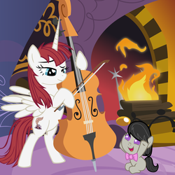 Size: 5400x5400 | Tagged: safe, artist:beavernator, octavia melody, oc, oc:fausticorn, alicorn, earth pony, pony, g4, absurd resolution, alicorn oc, baby, baby pony, bipedal, bow (instrument), cello, cello bow, cute, duo, female, filly, fireplace, foal, horn, lauren faust, mare, musical instrument, open mouth, open smile, raised eyebrow, smiling, tavibetes, wings