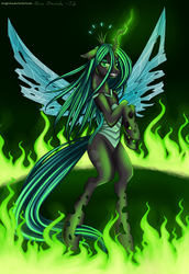 Size: 1915x2783 | Tagged: safe, artist:dragonina, queen chrysalis, changeling, changeling queen, g4, crown, female, fire, glowing, glowing horn, green fire, horn, jewelry, regalia, solo