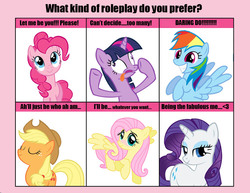 Size: 850x655 | Tagged: safe, applejack, daring do, fluttershy, pinkie pie, rainbow dash, rarity, twilight sparkle, g4, 6 pony meme, exploitable meme, mane six, meme, roleplay