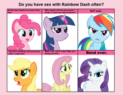 Size: 716x552 | Tagged: safe, applejack, fluttershy, pinkie pie, rainbow dash, rarity, twilight sparkle, g4, 6 pony meme, bend over, exploitable meme, meme