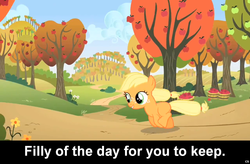 Size: 1024x671 | Tagged: safe, applejack, earth pony, pony, g4, apple tree, bucket, caption, cs captions, female, filly, foal, running, solo, sweet apple acres, tree