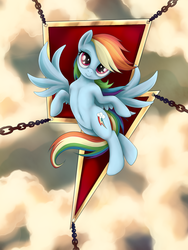 Size: 1200x1600 | Tagged: safe, artist:rainbow, rainbow dash, pegasus, pony, g4, chains, cutie mark, female, looking at you, mare, sky, smiling, solo