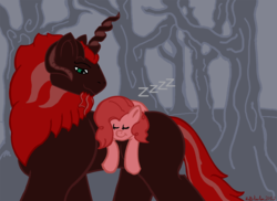 Size: 1901x1382 | Tagged: safe, artist:tricornking, pinkie pie, oc, oc:king krampus, g4, everfree forest, king krampus, krampus, the lord of aldheim, tired pie, tumblr