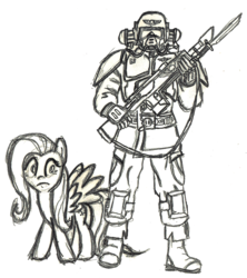 Size: 748x842 | Tagged: safe, artist:commissarprower, fluttershy, human, g4, armor, bayonet, cadian shock troops, imperial guard, imperium, lasgun, warhammer (game), warhammer 40k, weapon, wip