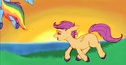Size: 1123x584 | Tagged: safe, artist:colorlesscupcake, rainbow dash, scootaloo, g4, crying, duo, scootaloo can't fly