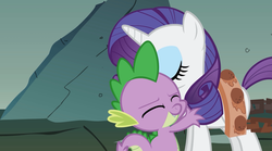 Size: 1280x713 | Tagged: safe, screencap, rarity, spike, dragon, pony, unicorn, a dog and pony show, g4, season 1, eyes closed, female, hug, male, mare