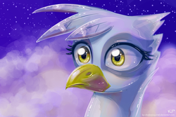 Size: 1200x800 | Tagged: safe, artist:kp-shadowsquirrel, gilda, griffon, g4, cloud, cloudy, female, night, night sky, shocked, solo, stars