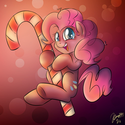 Size: 1000x1000 | Tagged: safe, artist:celine-artnsfw, pinkie pie, earth pony, pony, g4, candy, candy cane, clinging, colored pupils, cute, diapinkes, female, food, mare, open mouth, solo