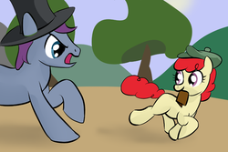 Size: 900x600 | Tagged: safe, artist:ambrosebuttercrust, twist, g4, angry, chase, glare, hat, mouth hold, oliver twist, open mouth, raised hoof, running, smiling, top hat