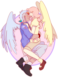 Size: 1351x1815 | Tagged: safe, artist:comboni, fluttershy, rainbow dash, human, g4, clothes, female, humanized, lesbian, ship:flutterdash, shipping, simple background, winged humanization