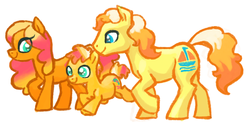 Size: 1280x653 | Tagged: safe, artist:needsmoarg4, baby sunbright, mami sunbright, papi sunbright, earth pony, pony, g1, g4, colt, family, female, g1 to g4, generation leap, male, mare, simple background, stallion, trio, white background