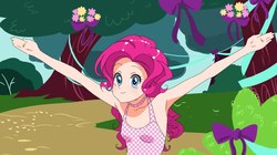 Size: 1200x672 | Tagged: safe, artist:abysstea, pinkie pie, human, friendship is magic, g4, season 1, female, humanized, looking at you, scene interpretation, smiling, solo